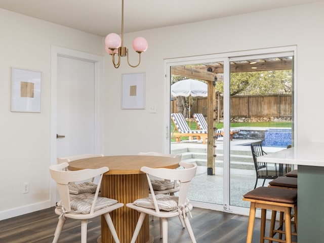 dining room with an inviting chandelier and dark hardwood / wood-style flooring