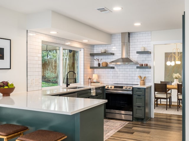 kitchen with open shelves, a sink, stainless steel electric range, gray cabinets, and wall chimney exhaust hood