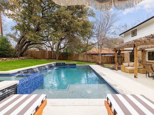 view of pool with pool water feature, outdoor lounge area, a patio area, and a lawn