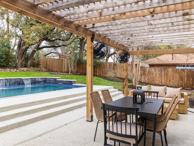 view of patio / terrace featuring pool water feature, a fenced in pool, outdoor lounge area, and a pergola