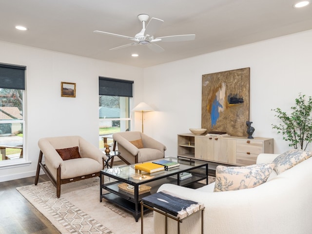 living room with ceiling fan and wood-type flooring