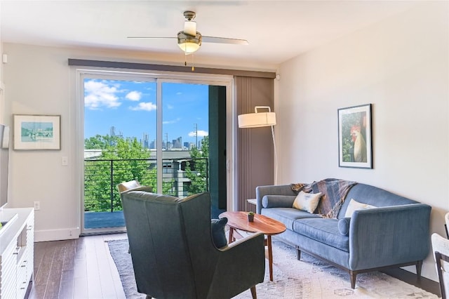 2800 Treble Ln Unit 831, Austin, TX 78704 - living area featuring wood finished floors, ceiling fan, and a view of skyline