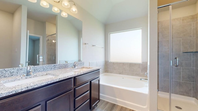 bathroom with vanity, hardwood / wood-style flooring, and plus walk in shower