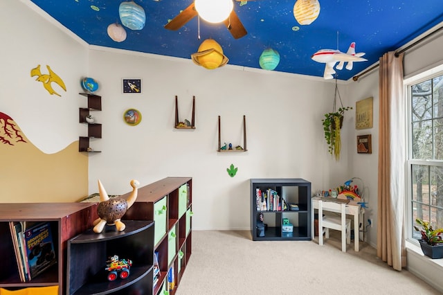 recreation room with crown molding and carpet floors