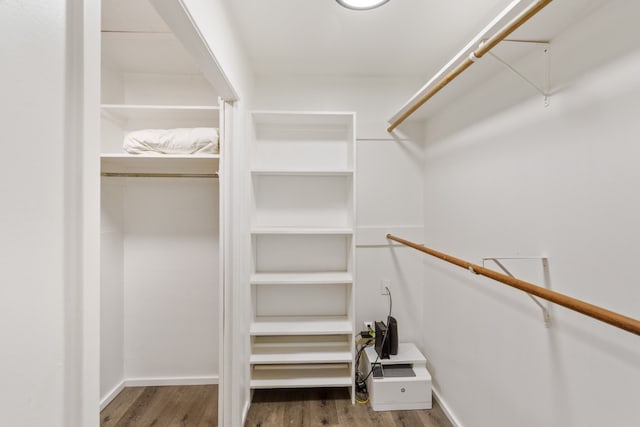 spacious closet with dark wood-type flooring