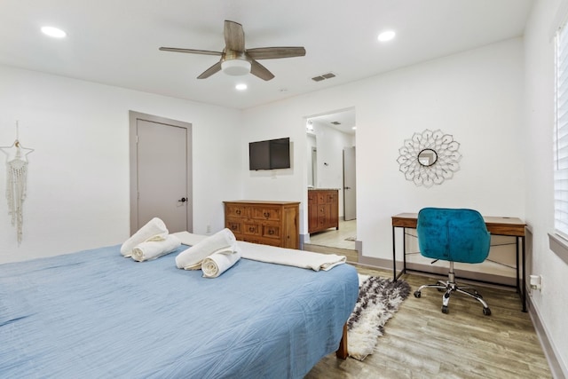 bedroom featuring ceiling fan and light wood-type flooring