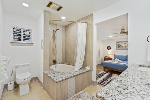 bathroom with toilet, ceiling fan, wood-type flooring, and shower / bathtub combination with curtain