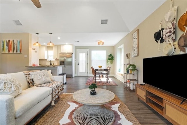 living room with lofted ceiling and dark hardwood / wood-style floors