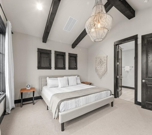 bedroom with light carpet, a notable chandelier, and beam ceiling