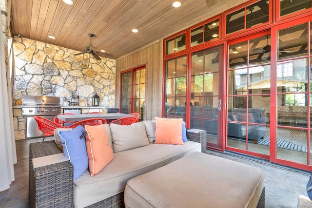 view of patio featuring a grill, area for grilling, an outdoor hangout area, and ceiling fan