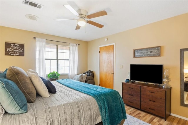 bedroom with ceiling fan and light hardwood / wood-style flooring