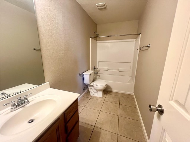 full bathroom featuring shower / tub combination, vanity, toilet, and tile patterned flooring