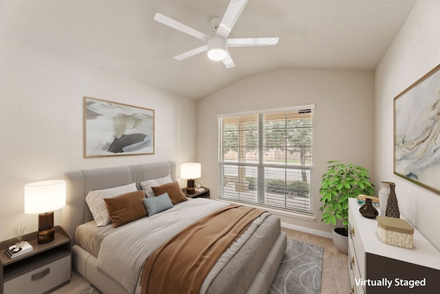 bedroom with lofted ceiling, baseboards, a ceiling fan, and light colored carpet