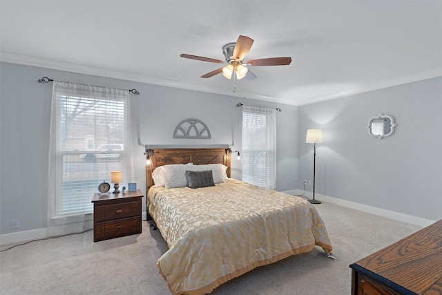 carpeted bedroom with multiple windows and crown molding