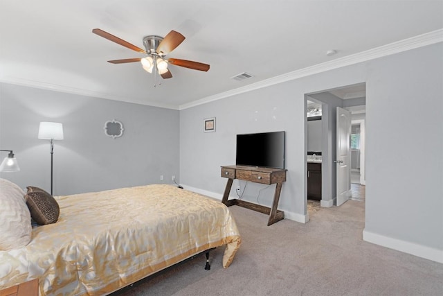 bedroom with ornamental molding, light colored carpet, and ceiling fan