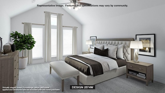 bedroom with lofted ceiling and light carpet