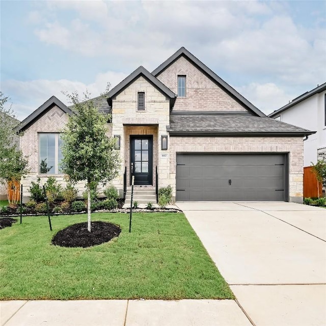 667 Bay Breeze Dr, Kyle, TX 78640 - french country style house featuring concrete driveway, a front yard, an attached garage, stone siding, and brick siding