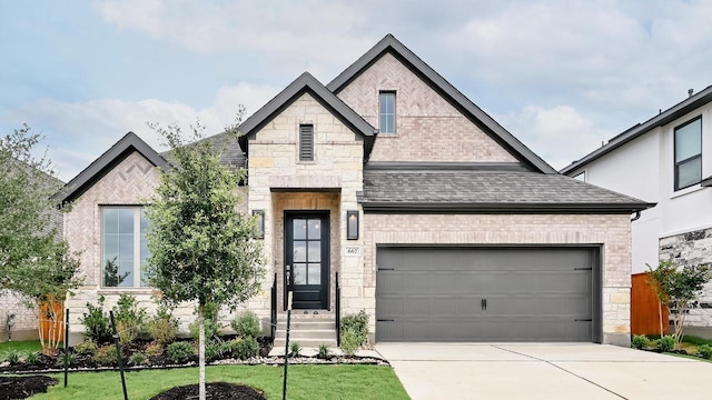 667 Bay Breeze Dr, Kyle, TX 78640 - french country style house featuring driveway, roof with shingles, stone siding, brick siding, and an attached garage