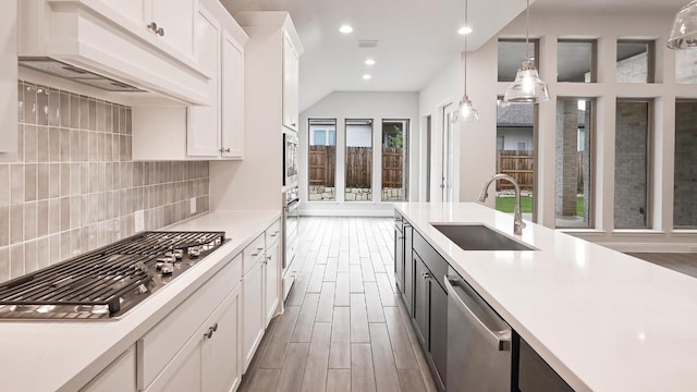667 Bay Breeze Dr, Kyle, TX 78640 - kitchen with appliances with stainless steel finishes, under cabinet range hood, light countertops, wood finished floors, and decorative backsplash