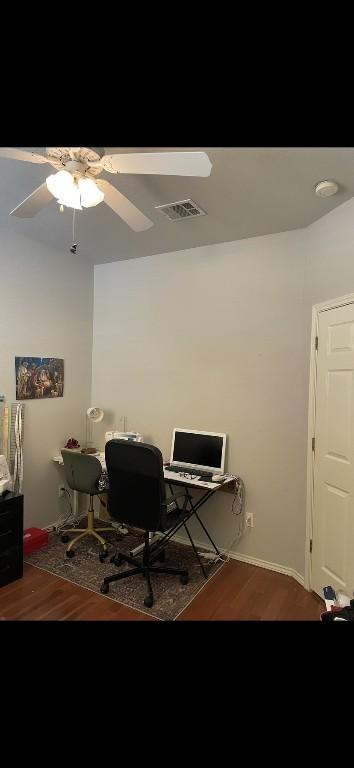 office area with hardwood / wood-style floors and ceiling fan