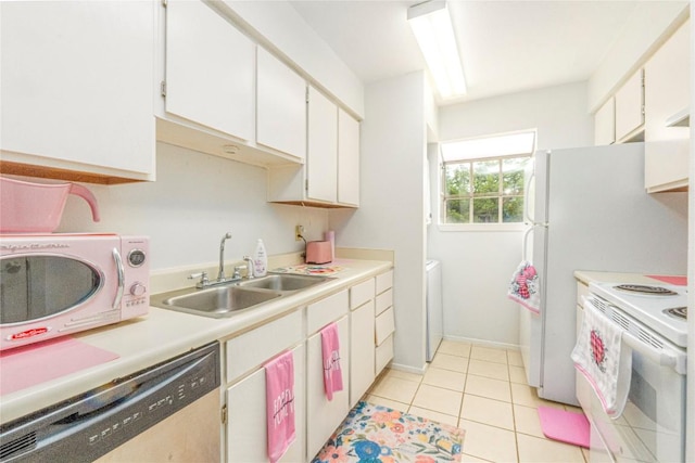 kitchen with white electric stove, sink, stainless steel dishwasher, and white cabinets