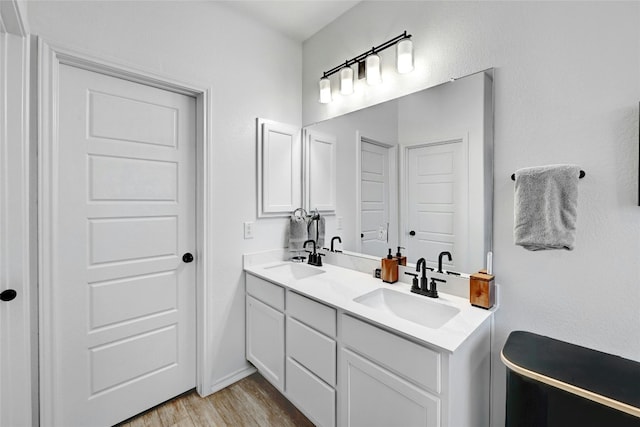 bathroom featuring hardwood / wood-style flooring and vanity