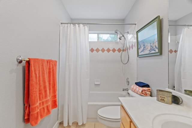 full bathroom featuring shower / tub combo, vanity, tile patterned floors, and toilet