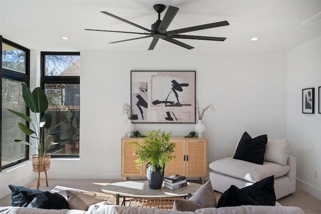 living room featuring ceiling fan