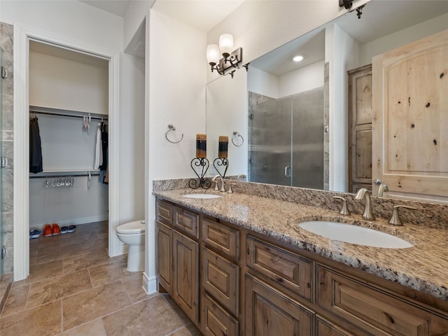 bathroom with vanity, toilet, and a shower with shower door