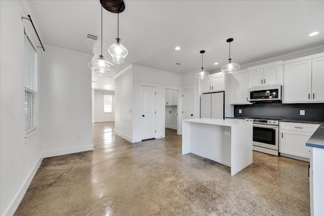 kitchen with white cabinets, hanging light fixtures, white fridge, a center island, and stainless steel electric range