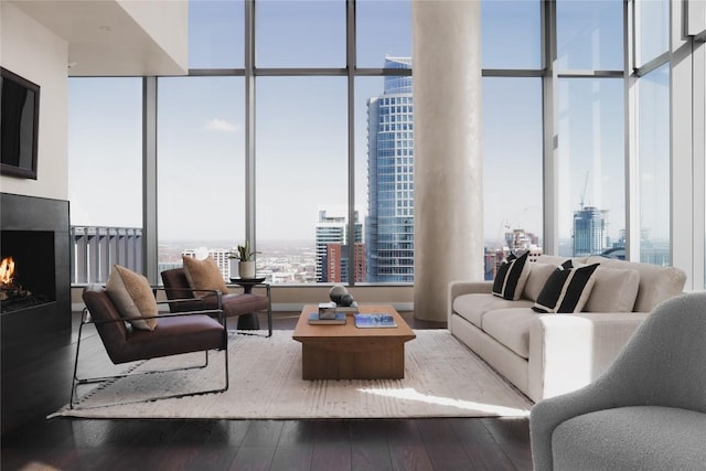 living room featuring expansive windows and hardwood / wood-style floors