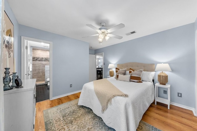 bedroom featuring ceiling fan and light hardwood / wood-style flooring