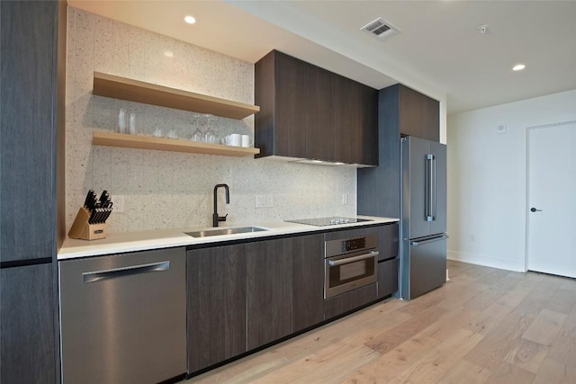 kitchen with sink, tasteful backsplash, dark brown cabinets, stainless steel appliances, and light hardwood / wood-style floors