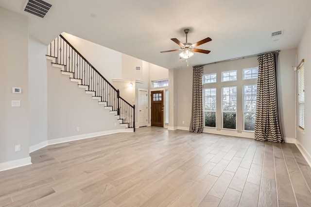 unfurnished living room with ceiling fan and light wood-type flooring