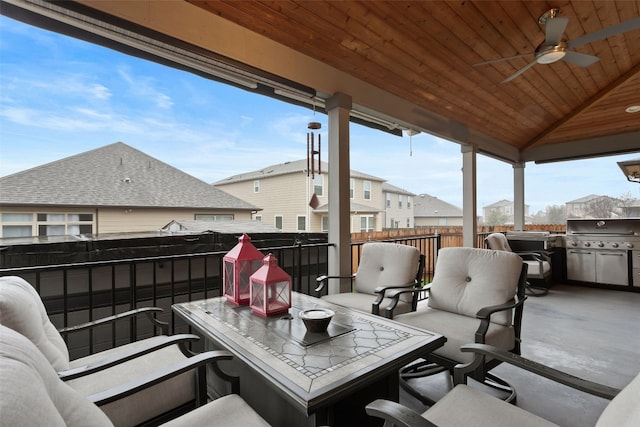 view of patio with area for grilling, a gazebo, and ceiling fan