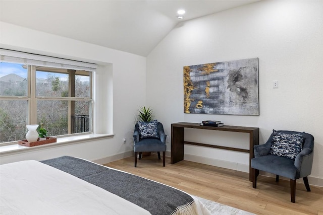 bedroom featuring vaulted ceiling and light wood-type flooring