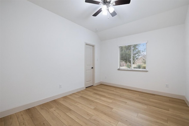 unfurnished room with ceiling fan, lofted ceiling, and light hardwood / wood-style floors