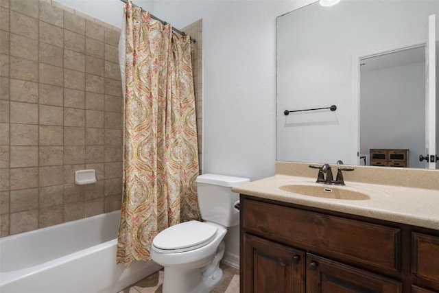 full bathroom with vanity, toilet, and shower / tub combo with curtain