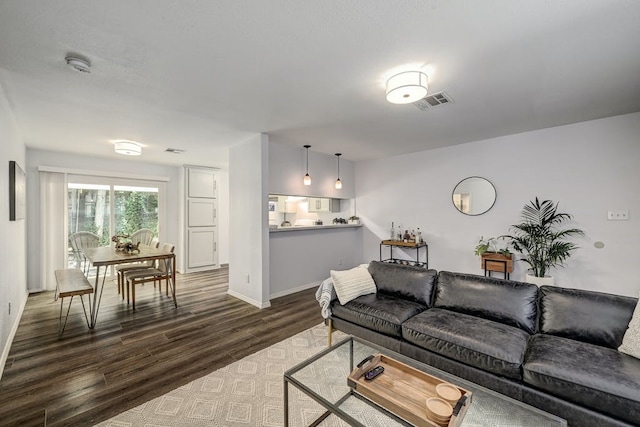 living room featuring dark wood-type flooring