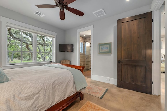 bedroom featuring baseboards, visible vents, a ceiling fan, and recessed lighting