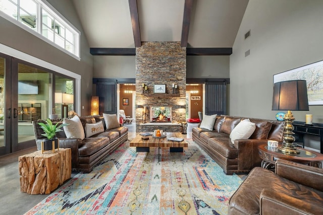 living room featuring visible vents, high vaulted ceiling, beam ceiling, and french doors