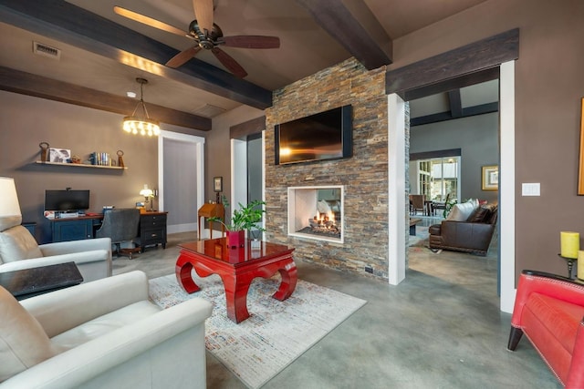 living area with an outdoor stone fireplace, visible vents, concrete flooring, beamed ceiling, and ceiling fan with notable chandelier