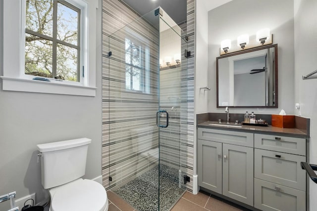 full bath with tile patterned flooring, toilet, a shower stall, and vanity