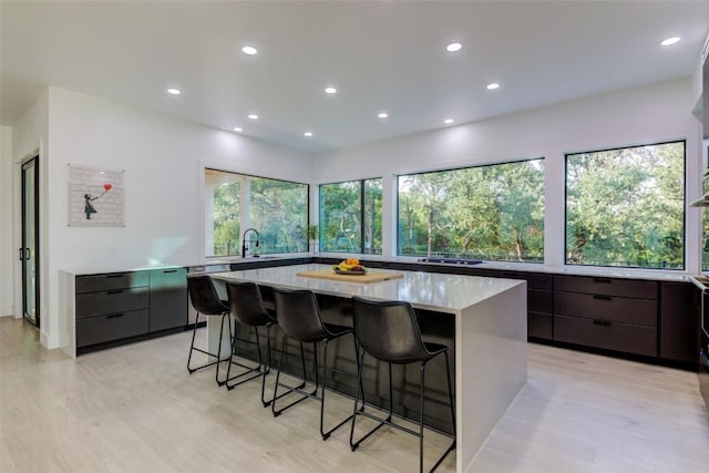 kitchen featuring a large island, sink, a kitchen breakfast bar, and light wood-type flooring