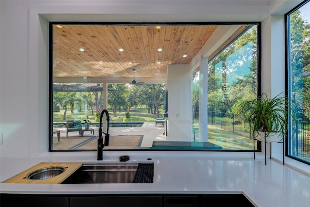 kitchen featuring plenty of natural light, sink, and wooden ceiling