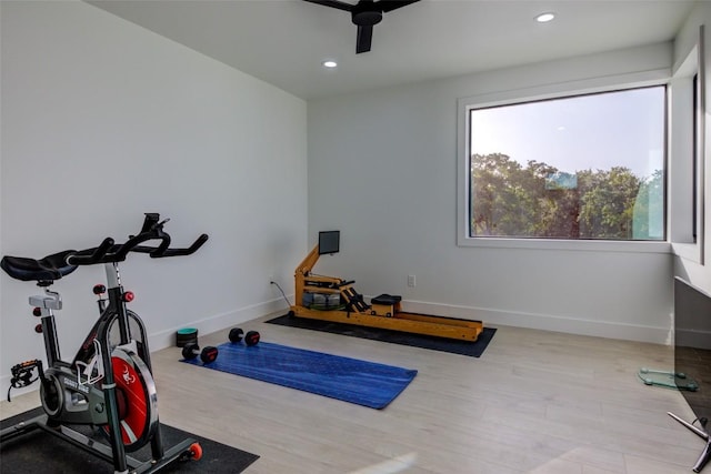 exercise area featuring light hardwood / wood-style flooring