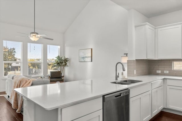 kitchen with dark wood-type flooring, sink, stainless steel dishwasher, kitchen peninsula, and white cabinets