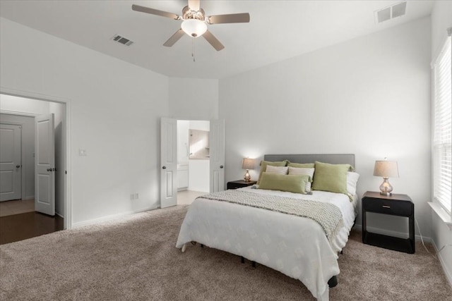 carpeted bedroom with ceiling fan