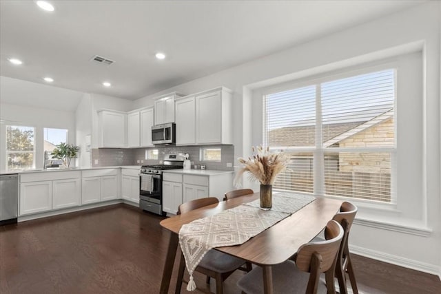 kitchen with appliances with stainless steel finishes, dark hardwood / wood-style floors, decorative backsplash, and white cabinets