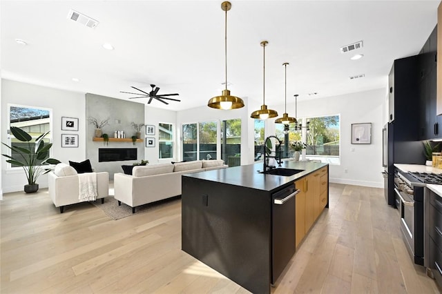 kitchen with sink, a kitchen island with sink, stainless steel appliances, light hardwood / wood-style floors, and decorative light fixtures